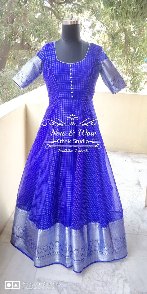 Blue color organza checks with silver border Saree Dress Gowns, Frock Designs For Girl, Frock Models, Long Blouse Designs, Frocks And Gowns, Kids Party Wear Dresses, Lehenga Saree Design, Checks Saree, Long Gown Design