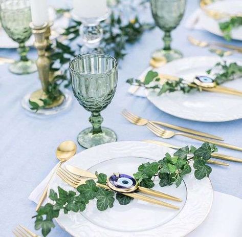 Beautiful Evil Eye Wedding Theme Ideas Blue Green Tablescape, Blue Green Gold Table Setting, Blue And Green Table Setting, Evil Eye Plate, Greek Party Decorations, Greek Wedding Theme, Evil Eye Wedding, Blue Thanksgiving, Greek Wedding Favors