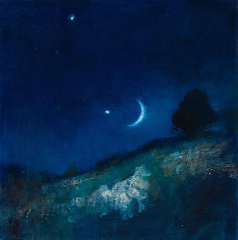 Venus Jupiter, The Night Sky, Crescent Moon, Night Sky, Crescent, Oil Painting, Moon, Blue