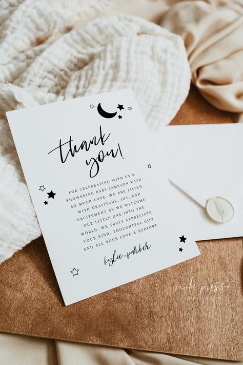 Moon Stars Baby Shower, Stars Baby Shower, Moon Baby Shower, Moon Baby, Card Templates Printable, Baby Shower Thank You Cards, Shipping Envelopes, Star Baby Showers, Baby Shower Thank You