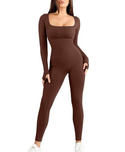 Popilush Long Sleeve Jumpsuit for Women Built-In Bra Seamless Ribbed Square Neck Full Length Bodycon Romper Jumpsuits Bodycon Jumpsuit Outfit, Jumpsuit Sport, Bodycon Romper Jumpsuit, Clothes Brown, Brown Romper, Women Long Sleeve Jumpsuit, Brown Jumpsuit, Bodycon Romper, Seasonal Outfits