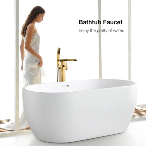 BAGNOLUX Freestanding Bathtub Faucet Tub Filler Floor Mount Bathroom Faucets Brass Single Handle with Hand Shower (Waterfall Style B, Brushed Brass) Free Standing Bath Tub Gold Faucet, Bathtub Faucet Lowe's, Brass Freestanding Tub Faucet, Freestanding Bathtub Waterfall Faucet, Freestanding Bathtub Deck Mount Faucet, Freestanding Bathtub Faucet, Tub Filler, Free Standing Bath Tub, Brushed Brass