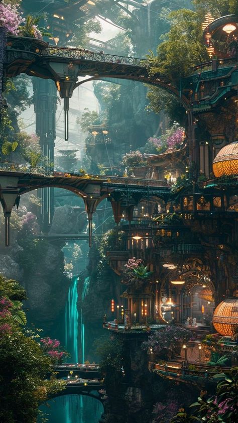 Elven City Aesthetic, Oasis City Fantasy Art, Elven City Concept Art, Fantasy Forest City, Futuristic City Aesthetic, Biopunk City, Ethereal City, Fairy City, Fantasy Cityscape