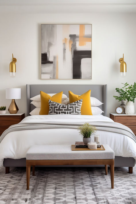 Modern Boho Bedroom. The sleek blend of cool grays, crisp whites, and pops of mustard yellow creates a stylish sanctuary that's perfect for relaxation. Bedroom With Yellow Bedding, Grey And Mustard Bedroom Ideas, Mustard Bedroom, Bedroom Decor Art, Beautiful Bedroom Colors, Yellow Bedroom Decor, Modern Boho Bedroom, Boho Bedroom Design, Bedroom Sanctuary