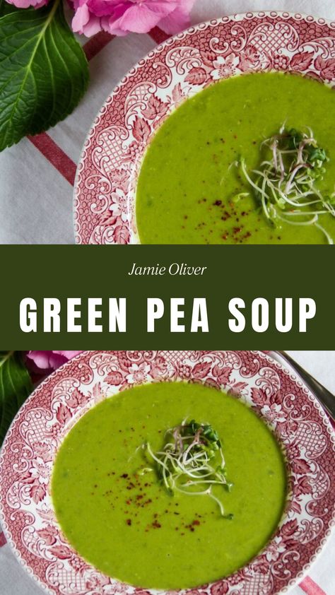 Jamie Oliver Green Pea Soup Jamie Oliver Soup, Garlic Peas, Green Pea Soup, Soup With Coconut Milk, Coconut Milk Soup, Comfort Dishes, Pea Soup, Green Peas, Saute Onions