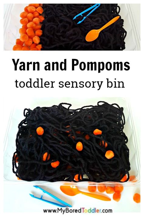 Yarn and pompoms Halloween theme sensory bin for toddlers Sensory Bin For Toddlers, Halloween Sensory Bin, Halloween Activities For Toddlers, Toddler Sensory Bins, Infant Lesson Plans, Halloween Sensory, Sensory Diet, Halloween Crafts For Toddlers, October Crafts