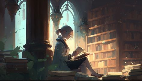 This mesmerizing watercolor artwork captures a serene library scene, with a person completely engrossed in their book. The painting brings to life the ambiance of a quiet and peaceful library, with soft lighting, ornate bookshelves, and the gentle rustling of pages. The person in the painting appears to be lost in their own world, completely absorbed in the story they are reading. : #watercolorart #libraryscene #booklover #artwork #painting #serenity #peaceful Library Romance Aesthetic, Bookshelf Artwork, Rainy Landscape, Library Illustration, Library Scene, Library Drawing, Fantasy Library, Landscape References, Vase Project