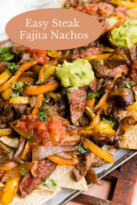 Steak Fajita Nachos are always a crowd pleaser! Crispy tortilla chips are topped with juicy steak, caramelized onions, bell peppers, and a variety of toppings like guacamole and salsa. And best of all, this is an easy recipe that anyone can make! Steak Fajita Nachos, Fajita Nachos Recipe, Fajita Nachos, Steak Nachos, Snacks And Appetizers, Taquitos Recipe, Homemade Fajita Seasoning, Chicken Taquitos, Easy Steak