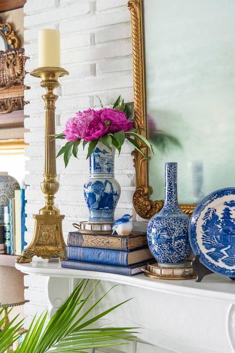 Plates On Mantel, Classic Mantle Decorating Ideas, Blue And White Mantel Decor, Blue And White Fireplace Decor, Chinoiserie Mantel Decor, How To Decorate A Mantel Living Rooms, Cottage Mantel Decorating Ideas, Traditional Mantel Decorating Ideas, Fireplace Decor Traditional