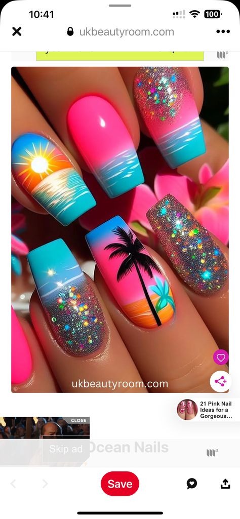 Simple Summer Manicure, Palm Tree Nails Design, Popsicle Nails, Flip Flop Nails, Summer Manicure Designs, Easy Summer Nails, Tropical Nail Designs, Palm Tree Nails, Manicure Designs