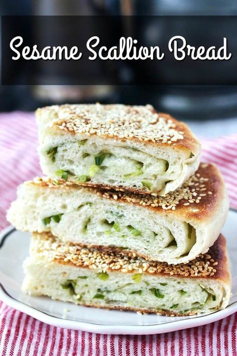 Sesame Scallion Bread with sesame oil scallions Chinese Sesame Scallion Bread, Scallion Bread, Asian Bread, Sesame Bread, Rice Flour Recipes, Scallions Recipes, Cumin Lamb, Savory Breads, Glutinous Rice Flour