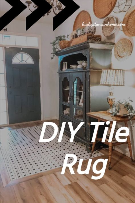 Wood Floor Inlay Ideas, Tile Rug Inlay Entryway, Tiles In Entryway, Tile Rug Inlay Wood Floor, Entry Way And Kitchen Tile, Entryway Tile Floor To Wood, Vinyl Rug Diy, Tile Rug Entryway, Entry Way Tile To Hardwood