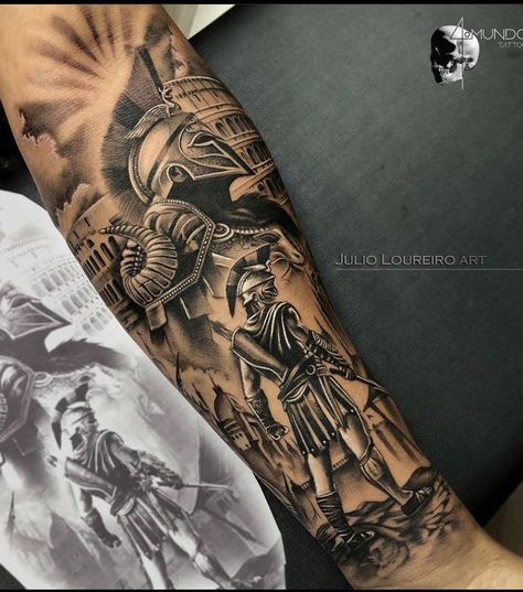 Forearm Warrior Tattoo, Tattoo Ideas For Men Greek, Spartan Leg Tattoo, Spartan Tattoo Forearm, Man Sleeve Tattoo, Roman Tattoo Ideas, Ares Tattoo, Tattoo Warrior, Underarm Tattoo