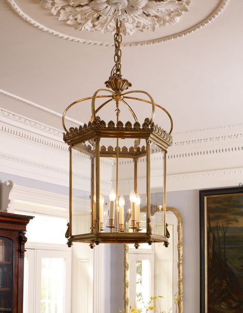 Intricate plasterwork and fleur-de-lis frames.  Pictured here is our Wilton Hall Lantern.  #vaughandesigns #design #interior123 #decoration #vaughan #englishdesign #lighting #interiordesign #homedecor #home #interiors #interiorinspiration #wilton #hall #lantern #regency #brass #fleurdelis #ceilinglight #sittingroom #drawingroom Cast Decoration, Pagoda Lanterns, Antique Lanterns, Copper Lantern, Blue Lantern, Regency Period, Large Lanterns, Wall Lanterns, Lantern Wall