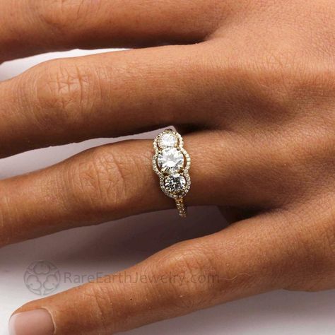 Vintage Style Moissanite Ring | 3 Stone Diamond Halo Engagement Ring - Rare Earth Jewelry 3 Stone Vintage Diamond Ring, One Carat Round Engagement Ring With Halo, Antique 3 Stone Ring, 3 Stone Engagement Rings Unique, 20 Anniversary Ring, Wedding Band For 3 Stone Ring, Vintage Round Diamond Ring, 3 Stones Diamond Ring, Engagement Rings With Multiple Diamonds