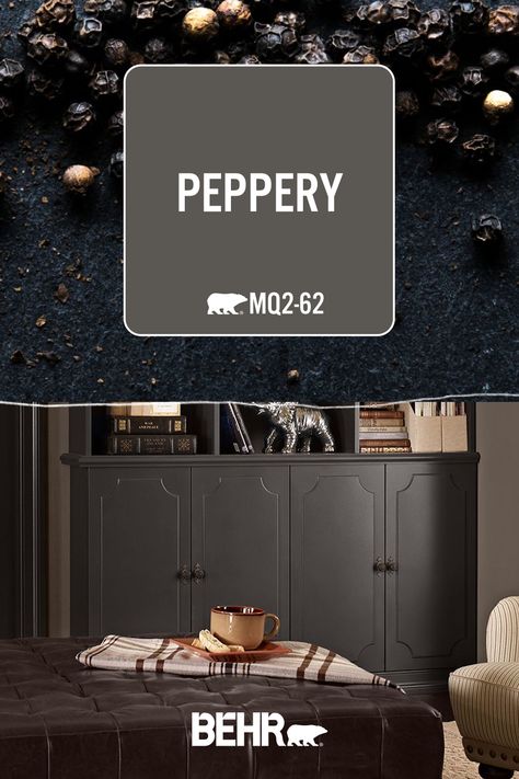 Peppery By Behr, Behr Peppery Paint Exterior, Behr Peppery Cabinets, Behr Cider Spice, Behr Peppery Paint, Moody Home Exterior Colors, Behr Peppery, Moody Behr Paint Colors, Dark Greige Paint Colors