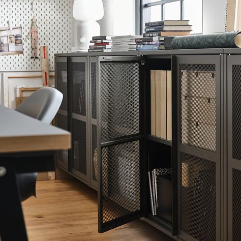 IVAR Cabinet with doors - gray mesh - IKEA Ikea Metal Cabinet, Fjällbo Ikea, Ikea Ivar Cabinet, Ikea Ivar, Mesh Door, Metal Cabinet, Ikea Family, Shelf Unit, Metal Drawers