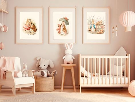 Nursery Rabbit Theme, Nursery Beatrix Potter, Vintage Beatrix Potter Nursery, Vintage Rabbit Nursery, Beatrix Potter Nursery Gender Neutral, Beatrix Potter Nursery Ideas, Peter Rabbit Nursery Girl, Beatrix Potter Baby Room