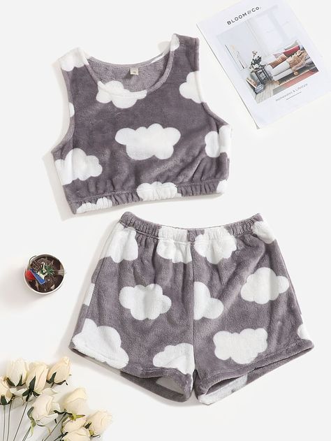 Multicolorido Fofo Collar Sem Mangas  Gráfico Conjuntos de shorts Embellished Elasticidade Baixa  Roupa de dormir e relaxar para mulher Pj Outfit, Cloud Print, Cute Sleepwear, Cute Pajama Sets, Cute Dress Outfits, Cute Lazy Outfits, Lazy Outfits, Cute Preppy Outfits, Cute Pajamas