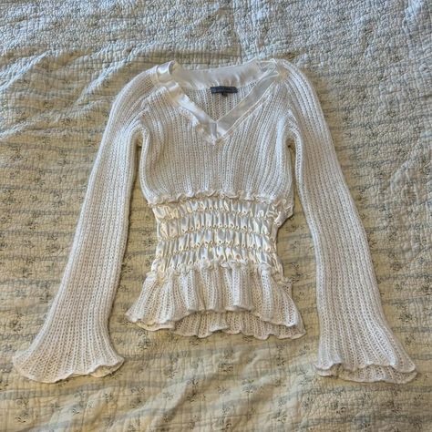 white coquette ruffle fairy sweater such a unique... - Depop Two Piece Sweater Set Crochet, White Coquette Sweater, Fairy Sweater, Coquette Depop, Coquette Sweater, Two Piece Sweater Set, White Coquette, Fall Coquette, Flare Sleeve Sweater