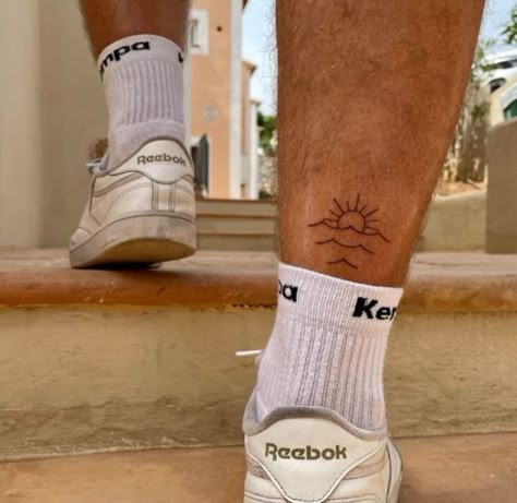 Traveler Tattoos, Ankle Tattoo Men, Calf Tattoo Men, Thigh Tattoo Men, Tattoos 2023, Beach Tattoos, Adventure Tattoo, Tattoos Inspo, Simple Tattoos For Guys