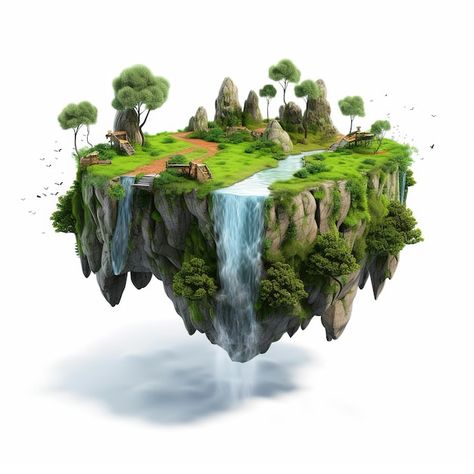 A floating island with a waterfall and t... | Premium Photo #Freepik #photo #ecosystem #environment-ecology #eco #environment Ecosystem Art Project, Floating Island Fantasy Art, Floating Island Painting, Floating Islands Fantasy Art, Hallelujah Mountains, Floating Waterfall, 3d Island, Pond Drawing, Ecosystems Projects