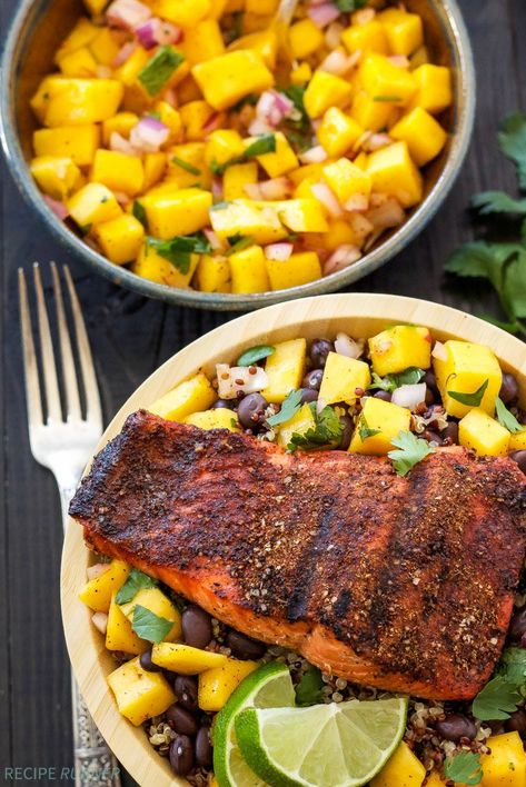 Caribbean Salmon, Healthy Caribbean Food, Best Quinoa Recipes, Recipe Runner, Crusted Cod, Quinoa Recipes Easy, Fresh Mango Salsa, Salmon Quinoa, Quinoa Bowls