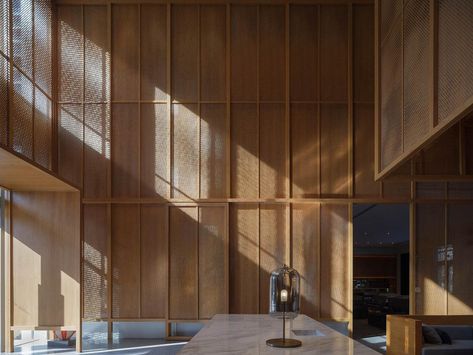 Neri&Hu – The Shàng by Artyzen Qiantan Shanghai Compact Furniture, Wooden Plane, Neri Hu, Cafe Concept, Green Lamp Shade, Seaside House, Wooden Screen, Honey Oak, Wooden Staircases