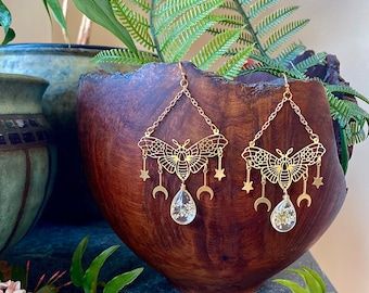 Oddities Jewelry, Moth Earrings, Moon Moth, Wanderlust Jewelry, Flower Moon, Celestial Earrings, Mystical Jewelry, Lotus Earrings, Fairy Jewelry