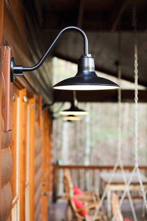 Gooseneck Barn Lighting for Mountain Retreat | Inspiration | Barn Light Electric Rustic Outdoor Spaces, Gooseneck Lighting, Farmhouse Dining Room Lighting, Barn Light Electric, Rustic Light Fixtures, Barn Renovation, Cabin Lighting, Garage Lighting, Home Exterior