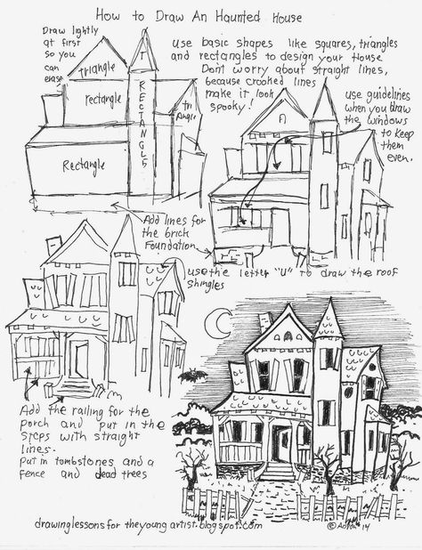 How to Draw Worksheets for The Young Artist: How to Draw a Haunted House Free Worksheet Draw A Haunted House, Haunted House Drawing, Art Handouts, A Haunted House, Parent Teacher, Art Worksheets, Gain Confidence, House Drawing, Middle School Art