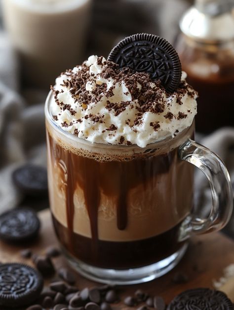 Easy & Delicious Oreo Cappuccino ☕   ☕ 𝗜𝗻𝗴𝗿𝗲𝗱𝗶𝗲𝗻𝘁𝘀 ☕ Chocolate Syrup 1. ¼ cup sugar 2. ¼ cup water 3. 1 tablespoon cocoa powder Iced Cappuccino 4. 1 ½ tablespoons chocolate syrup (cooled) 5. ½ cup coffee (cooled) 6. ½ cup milk 7. 6 ice cubes 8. 2 tablespoons Oreo crumbs Oreo Whipped Cream 9. ½ cup whipping cream 10. 1 teaspoon sugar 11. 1 tablespoon Oreo crumbs.☕☕ Oreo Hot Chocolate, Oreo Whipped Cream, Thanksgiving Recipes Side Dishes Veggies, Rolo Chocolate, Oreo Milk, Iced Cappuccino, Pretty Desserts, Chocolate Drink, Thanksgiving Recipes Side Dishes