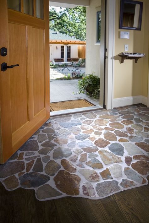 entryway...awesome way to incorporate stone work Wood And Stone Floor, Flagstone Entryway, Tile Entryway Transition To Wood, Earthen Floor, Tile To Wood Transition, Fireplace Floor, Stone Entryway, Rock Floor, Entryway Tile