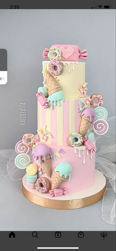 Ice Cream Candy Cake, Two Sweet Birthday Cakes, Pastel Candyland Birthday Party, Candy Land Theme Cake, Donut Theme Cake, Candy Land Birthday Cake, Candyland Theme Cake, Candyland Birthday Cake, Candy Themed Cake