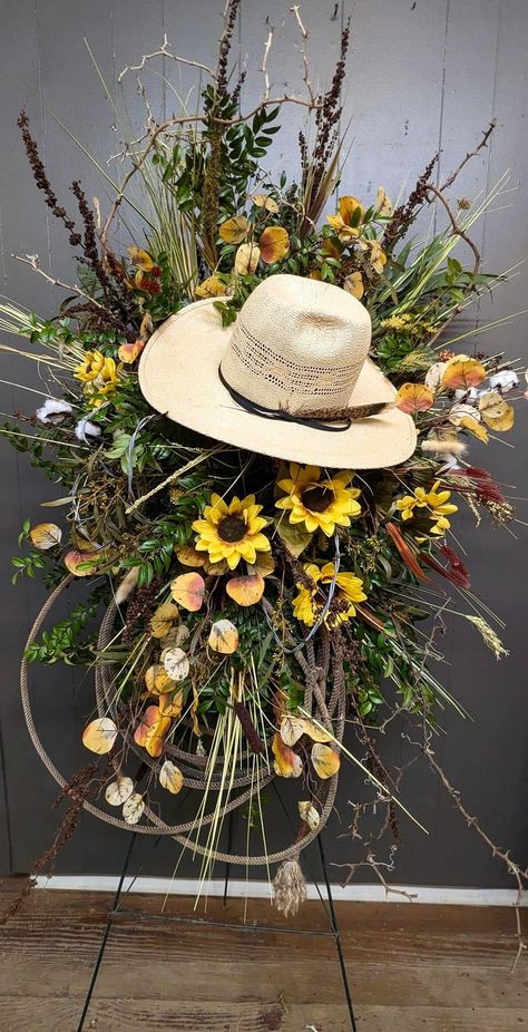 Country Flower Arrangements, Graveside Flowers, Boot Decor, Standing Easel, Casket Flowers, Hat Wreath, Rustic Farm Wedding, Grave Flowers, Western Crafts