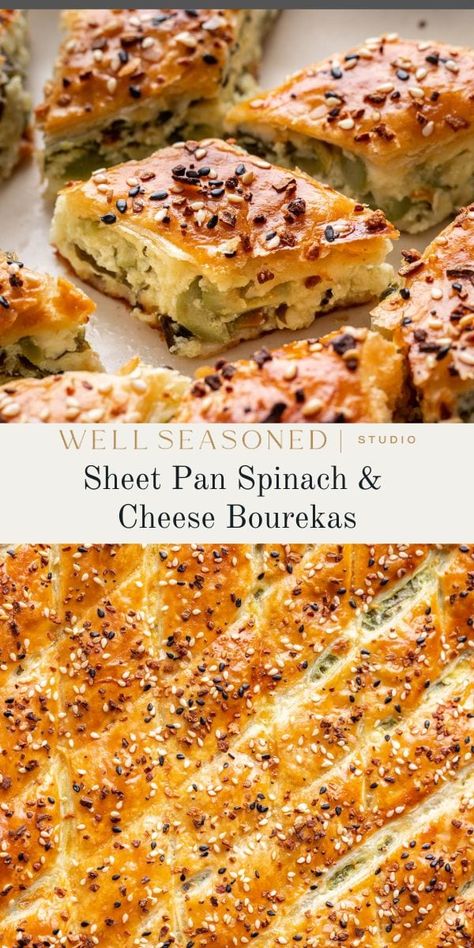 My Crispy Sheet Pan Burekas are filled with a mix of 4 different cheeses (mozzarella, ricotta, cottage cheese, and feta), lots of fresh spinach and chopped green olives, and are topped with everything bagel seasoning blend for added flavor. Baked until golden brown and crispy, this boreka recipe is a total crowd-pleaser and is loved by all! #wellseasonedstudio #bourekas #puffpastry #ricotta #spinach Spinach And Cheese Empanadas, Spinach Ricotta Feta Puff Pastry, Spinach Bread Recipe, Burekas Recipe, Vegetarian Appies, Cheese Bourekas, Feta Bites, Kolache Recipe, Different Cheeses