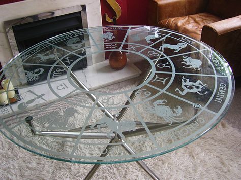 The Astrology Table All the signs of the zodiac under plate glass. A bit different. Tarot Room Aesthetic, Mystical Furniture, Whimsigoth Interior, Astrology Table, Astrology Room, Astrology Decor, Witch Coffee, Pagan Crafts, Signs Of The Zodiac