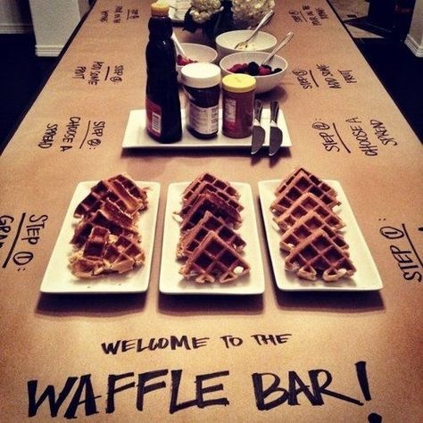 For a brunch reception, serve up a waffle bar. Paper Tablecloth, Waffle Bar, Intimate Gathering, Bar Catering, Breakfast And Brunch, The Butcher, Taco Bar, Think Food, Dessert Bar