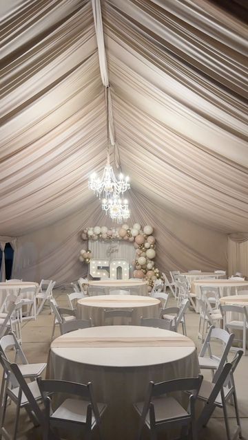 Party Powers | Event Rentals, Tent Draping, Balloons & More on Instagram: "30x40 Tent & Drapes 🤎 Order & Price Below ⬇️ . Text us to book 📲 30x40 Tent & Champagne Drapes $1550 3 Gold Chandeliers $155 10 - 60” RoundTables $120 10 - Ivory Tablecloth $140 10 - Champagne Runners $40 80 - White Padded Chairs $240 Pipe & Drape Backdrop $50 14ft Balloon Garland $365 50 Marquees $150 Delivery 🚚 Depends on your address. . #tent #draping #decor #decoration #30x40 #balloongarland #50 #marquees #decoraci Sweet 16 Venues, Draping Decor, Tent Draping, Drape Backdrop, Gold Chandeliers, 50th Birthday Balloons, Cream Drapes, Pink Tent, Pipe And Drape Backdrop