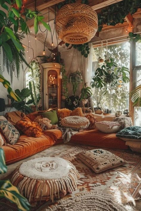 Boho Florida Room, Bohemian House Decor Living Room, Boho Hangout Room Ideas, Boho Sofa Ideas, Boho Style Salon, Boho Loft Ideas, Boho Conservatory, 70s Boho Living Room, Boho Hippie Living Room