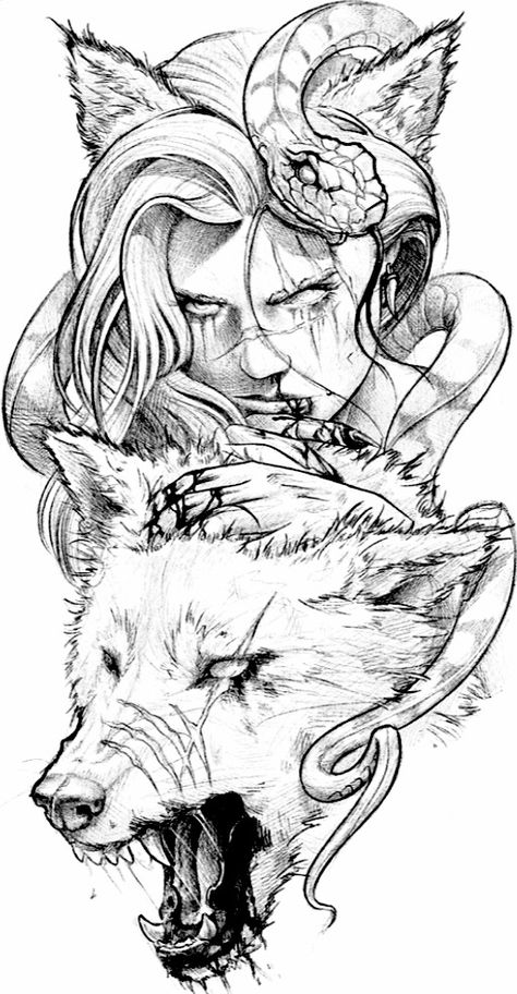 Wolf Girl Tattoos, Fenrir Tattoo, Norse Mythology Tattoo, Mystical Tattoos, Norse Tattoo, Wolf Tattoo Design, Mythology Tattoos, Medusa Tattoo, Sketch Tattoo Design