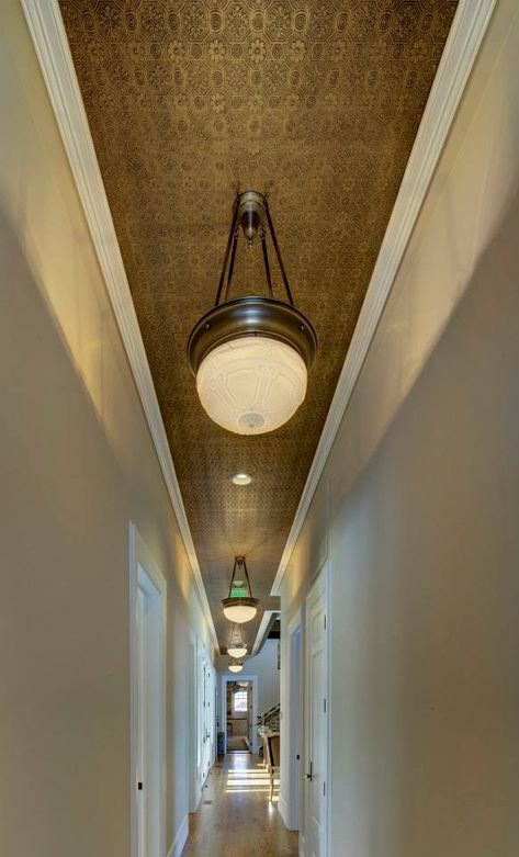 Anaglypta Wallpaper, Hallway Ceiling, Wallpaper Ceiling, Gold Ceiling, Tin Ceiling Tiles, Diy Ceiling, Ceiling Ideas, Long Hallway, Modern Masters