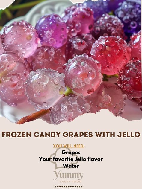 🍇✨ Beat the heat with Frozen Candy Grapes with Jello! A frosty, fruity delight! #SweetChill 🍽️ Frozen Candy Grapes with Jello 🛒 Ingredients: Grapes: 1 lb Your favorite Jello flavor: 1 packet Water (for dipping) 👩�‍🍳 Instructions: Wash: Rinse grapes and pat dry. Dip: Dip grapes in water, then roll in Jello powder. Freeze: Lay on a baking sheet and freeze until solid. 🌈 Enjoy a burst of chilly sweetness with these Frozen Candy Grapes! Perfect for sunny days or as a fun snack anytime. Try the... Grapes With Jello, Frozen Candy Grapes, Candy Grapes, Jello Flavors, Dip Dip, Lay On, Food Drinks Dessert, Flavored Water, Beat The Heat