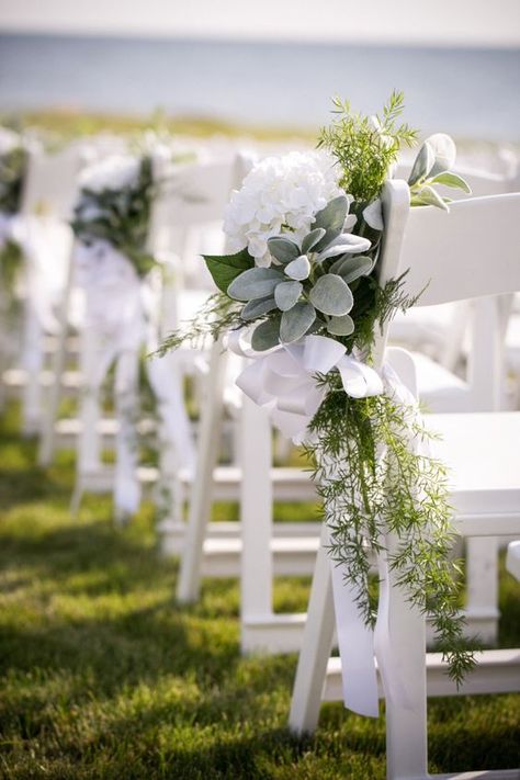 white hydrangeas with dusty miller Outdoor Wedding Chair Decorations, Outdoor Wedding Altars, Outdoor Wedding Chairs, Wedding Aisle Decorations Outdoor, White Arrangement, Wedding Aisle Outdoor, Diy Outdoor Weddings, Aisle Decorations, Wedding Chair Decorations