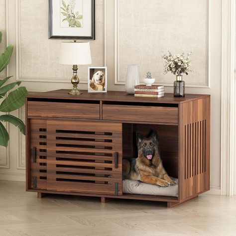 🐾【PERFECT DOG FURNITURE】This furniture-style dog crate boasts an exquisite design that greatly enhances its aesthetic appeal and seamlessly blends with the majority of interior styles. It serves not only as a comfortable dog crate but also as a versatile piece of furniture, such as a coffee table, end table, side table, or bench. Additionally, the two spacious drawers provide extra storage space for your convenience. Indoor Dog Crate, Dog Living Room, Puppy Cage, Slide Doors, Crate Side Table, Dog Crate Table, Furniture Style Dog Crate, Aesthetic Furniture, Modern Dog Houses