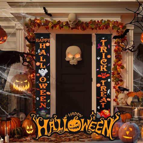 PRICES MAY VARY. 🎃【Fancy Halloween Outdoor Decorations】:This set includes a meticulously crafted porch banner with a unique design on each side. On the left, it proudly proclaims, "Trick or Treat" On the right, it invites all with a playful "HAAPY Halloween." Get ready to transform your porch into a spooky haven and get visitors into the Halloween spirit with these fun and festive Halloween signs. 🎃【Highly Durable Material & Decent Size】:Made from thick polyester fibre. Weather-resistant, wash Porta Halloween, Porche Halloween, Halloween Garden Decorations, Halloween Front Door Decorations, Halloween Living Room, Happy Halloween Banner, Halloween Front Doors, Adornos Halloween, Halloween Garden