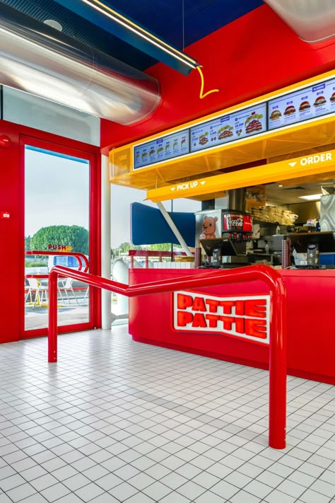 Pattie Pattie, an Eatery in Kuwait, Channels a U.S. Aesthetic Tenant Design, Shin Ramen, Turkey Patties, American Cafe, Fast Casual Restaurant, Pizza Shop, Pop Up Restaurant, White Tile Floor, Casual Restaurants