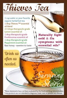 Thieves Tea, Essential Oils For Colds, Thieves Essential Oil, Essential Oil Remedy, Young Living Essential Oils Recipes, Oil Remedies, Essential Oils Health, Yl Essential Oils, Cinnamon Bark