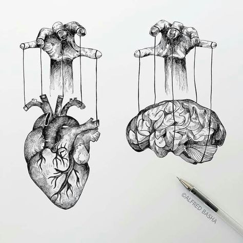 Alfred Basha, Surreal Drawings, Brain Graphic, Graphic Photo, Heart And Brain, Heart Brain, Brain Art, Pencil Sketch Drawing, Hands Art