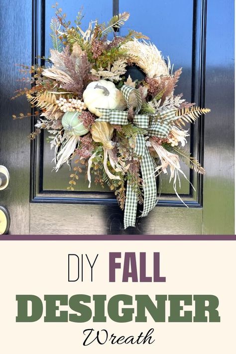 close up image of a fall wreath in muted fall tones. The wreath base is made of light almost white straw then the ferns and other leaves are all in light breen shades, light browns and light pinks, white berries through out, the main focal point of the wreath is made of a white pumpkin and a light green pumpkin, a beige gourd and a green and white checkered bow. Straw Wreath Ideas, Making Fall Wreaths, Straw Wreaths, Wreath Making Business, Mantle Decorating Ideas, Themed Wreaths, Diy Wreath Making, Mantle Decorating, Lantern Swags